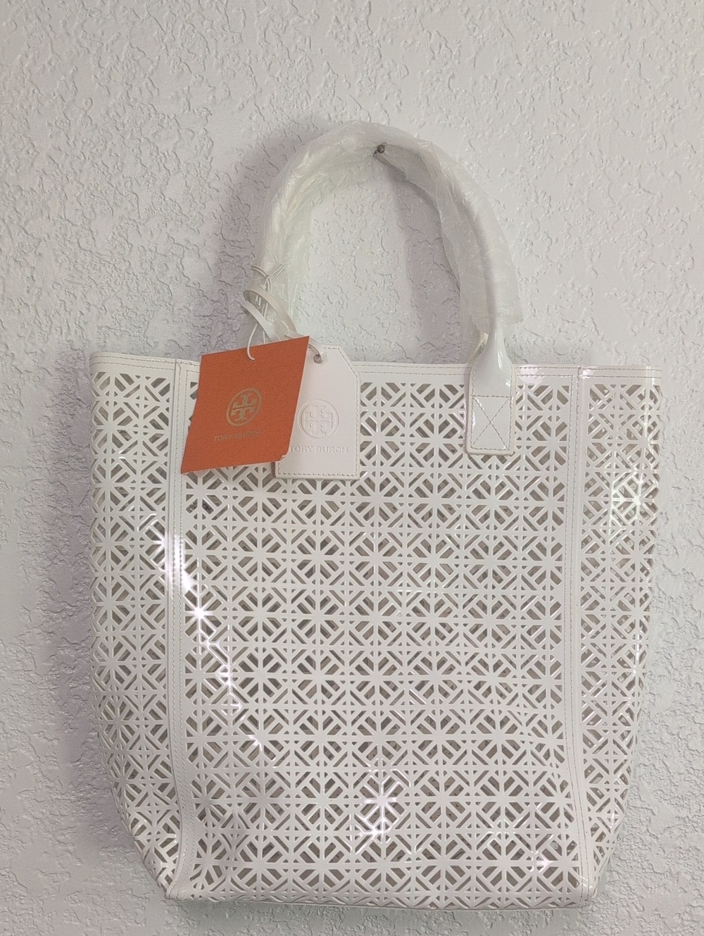 Tory Burch White Laser-Cut Patent Tote